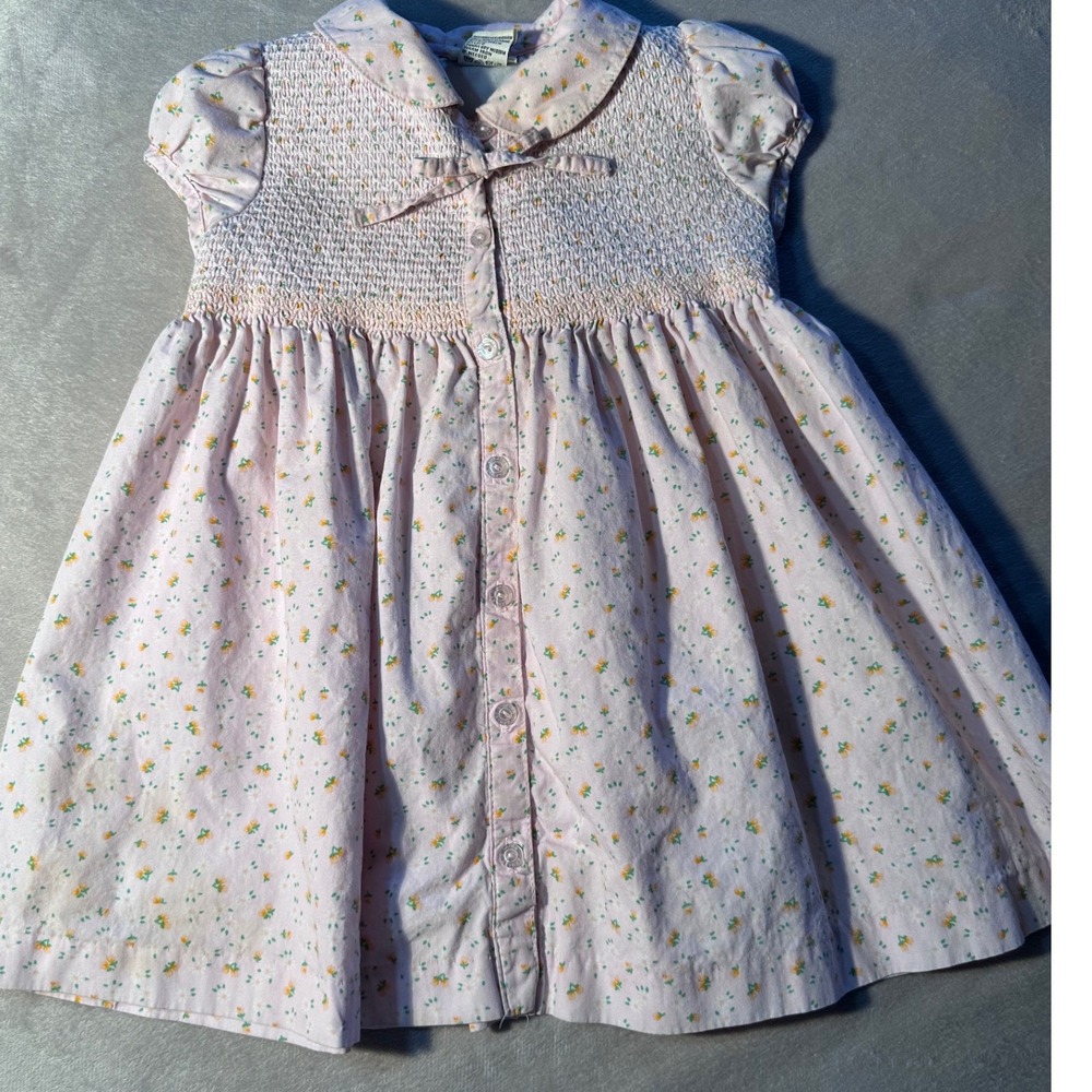 Vintage Laura Ashley Girls Pink Floral Smocked Cotton Dress Peter Pan Collar